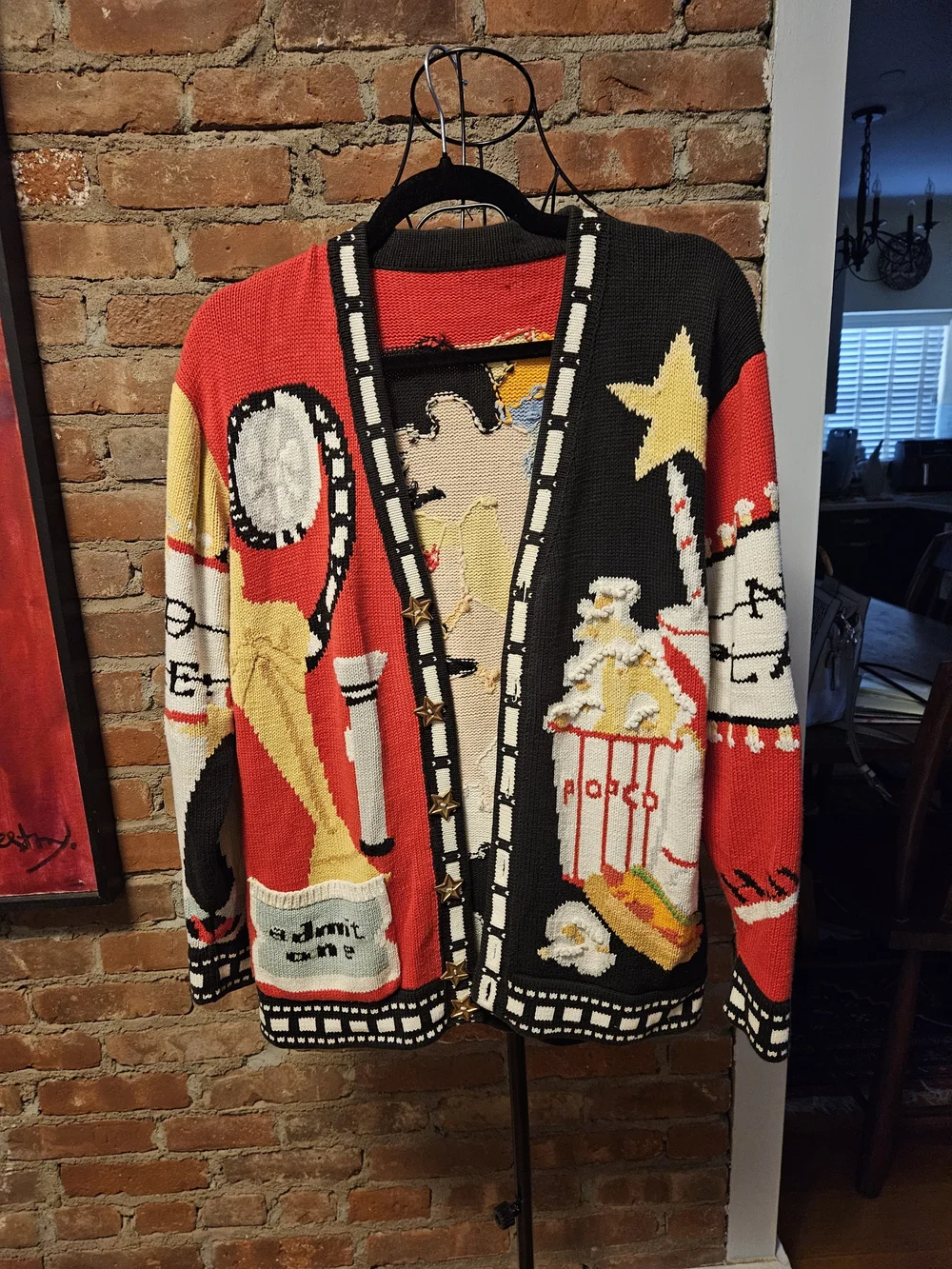 Oscar Themed Red and Black Novelty Knit Sweater Cardigan